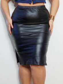 MelDlgn Plus Split Hem PU Leather Pencil Skirt, For Winter - Black - View 3