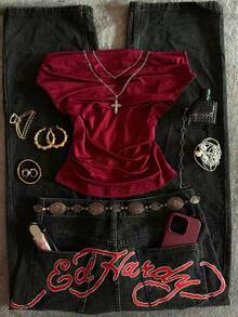 Glimmora 1件装女士露肩纯色极简短款上衣 - 酒紅色 - 查看 1