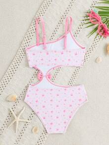 SHEIN Traje de baño de una pieza con estampado de corazones y lazo para niña (estampado al azar) - Multicolor - Ver 2