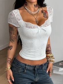 Coolane Women's Spring/Summer Y2K Casual Vacation Outfits Western Wear Lace Stretchy White Slim Fit Square Neck Short Tees - White - View 3