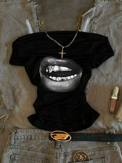 Vintage Chic American Retro Street Graffiti Lip Print Tween Girls Casual Waist Ruched Off-Shoulder Tight Short Sleeve T-Shirt, Versatile For Spring/Summer, Suitable For Academy, Sexy, Cute, Y2K, Coconut Girl, Boho, Hippie, Music Festival, All Seasons