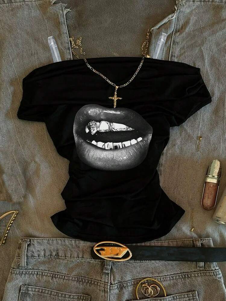 复古时尚美式街头涂鸦唇印少女休闲腰部褶皱露肩紧身短袖T恤，适合春夏穿着，百搭，适合学院风、可爱风、Y2K风、椰子女孩风、波西米亚风、嬉皮风、音乐节等各种风格，四季皆宜。 - 彩色 - 查看 1