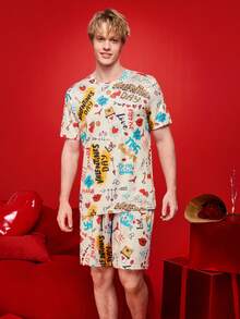 Notgurli Conjunto de pijama masculino de 2 peças com estampa divertida de grafite e letras para o Dia dos Namorados, composto por shorts de manga curta e calça. - Multicolorido - Ver 3