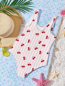 SHEIN 可爱复古ins风樱桃粉条纹印花图案，少女休闲简约连体泳衣，适合夏季、海滩度假拍照、亲子装、第一次海滩之旅、暑假、泳池派对、夏令营、田园风等场合。 - 彩色 - 查看 5