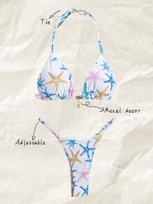 Elavelle Springbreak 女士沙滩装夏季套装，女士性感细肩带星星印花金属海星装饰比基尼套装 - 彩色 - 查看 1