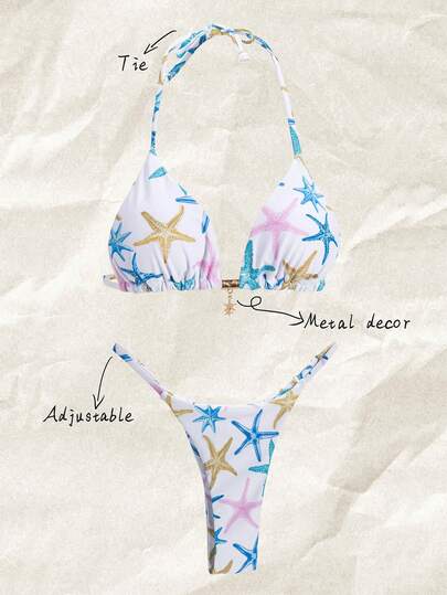Elavelle Springbreak 女士沙滩装夏季套装，女士性感细肩带星星印花金属海星装饰比基尼套装
