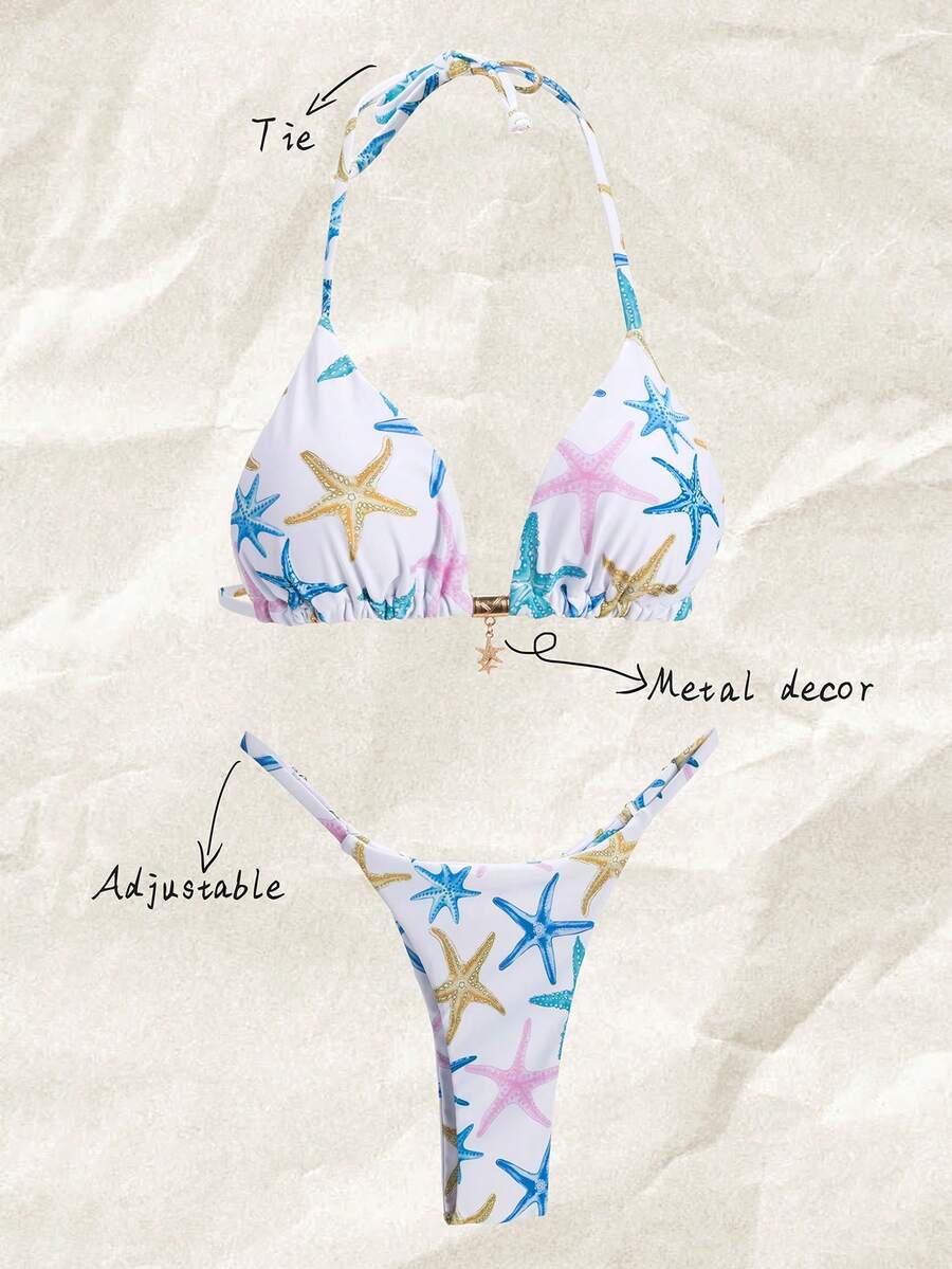 Elavelle Springbreak 女士沙滩装夏季套装，女士性感细肩带星星印花金属海星装饰比基尼套装 - 彩色 - 查看 1