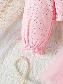 SHEIN 两件套女婴甜美公主裙套装，粉色荷叶边袖外套+无袖连衣裙，松紧腰蝴蝶结设计，时尚百搭，适合日常穿着 - 粉色 - 查看 5