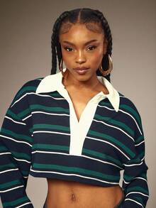 Denimoi Áo Polo dáng rộng lửng kẻ sọc, phong cách đường phố thời trang, áo polo lửng kiểu preppy. - Màu xanh lam - Xem 4