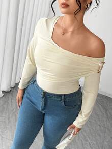 Elenzga 大码女士优雅奶油黄T恤，新款春夏不对称露肩套头衫，配金属纽扣，适合各种通勤风格，适用于旅行、婚礼、新年、派对、约会和休闲场合。 - 淡黃色 - 查看 5