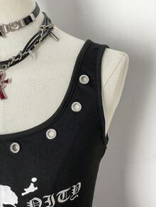 SHEIN Unity Đầm nữ mùa thu/đông không tay phong cách punk rock tối màu với cổ áo xếp nếp, trang trí đục lỗ và họa tiết in hình đồ họa. - màu đen - Xem 5