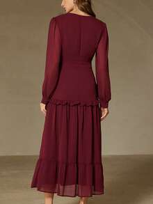 Revavyn Đầm chiffon màu trơn thanh lịch kiểu Pháp, cổ chữ V, tay phồng, eo xếp ly, thích hợp cho các buổi hẹn hò và kỳ nghỉ. - Màu Đỏ Sâu - Xem 6