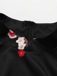 Elenzga 大码女式中国风印花连衣裙，端庄优雅，稳重得体，适合新年、节日、派对、情人节等场合。旗袍连衣裙，女士优雅印花短袖中国风连衣裙，新年快乐！ - 黑色 - 查看 4