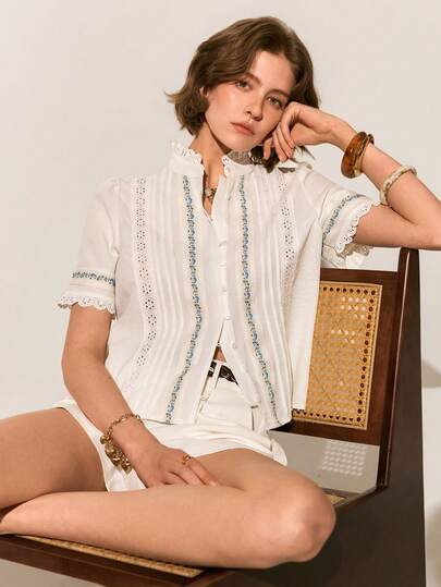 Poéselle Women's Casual Vacation Floral Embroidery Mandarin Collar Puff Sleeve Pleated  Blouse, Summer,Ivory White Embroidered Lace Short-Sleeve Women's Shirt,Openwork Stand Collar Summer Top,Cute Floral -Up Blouse,Blue And Yellow Small Flower Embroidery