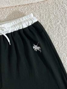 Teen Girl Casual Everyday Work Commute Contrast V-Neck Embroidered Long Sleeve Pleated Slim Fit T-Shirt And Drawstring Waist Wide Leg Pants Set, Spring/Autumn - Black - View 8