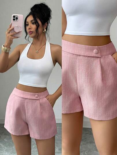 Elenzga Women's Pink Dual-Tone Bamboo Fabric Design Sense Front Overlap Buckle Decor Shorts, Professional Elegant Workplace , High-End Elegant, Suitable For Teachers, Students, Valentine's Day, Labor Day, Easter, Spring/Summer New Arrival Fashion Essential Small Niche Design Versatile A-Line Shorts