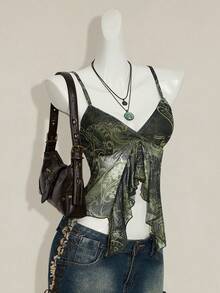 SHEIN ICON Women's Summer Bohemian Vacation Paisley Print Slit Ruffle Trim Fitted Cropped Camisole - Army Green - View 6