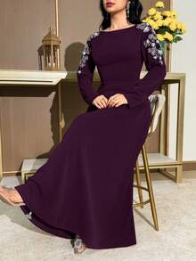 Modelyn 女士串珠花卉装饰V领长袖优雅连衣裙 - 紫色 - 查看 7