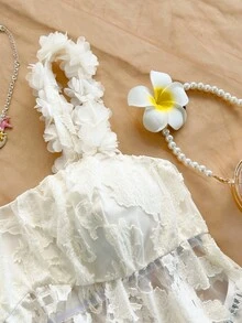Soleia 女士夏季度假风提花薄纱花卉装饰吊带娃娃衫，适合夏季假期、海滩度假、休闲穿着，可爱夏季上衣 - 白色 - 查看 5