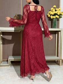 Feyla 女士花卉蕾丝方领长袖荷叶边优雅连衣裙 - 酒紅色 - 查看 2