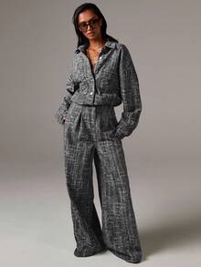 Athîral Women's Drop Shoulder Long Sleeve Single-Breasted Casual Pocket Shirt & Wide Leg Denim Jumpsuit - Black - View 4