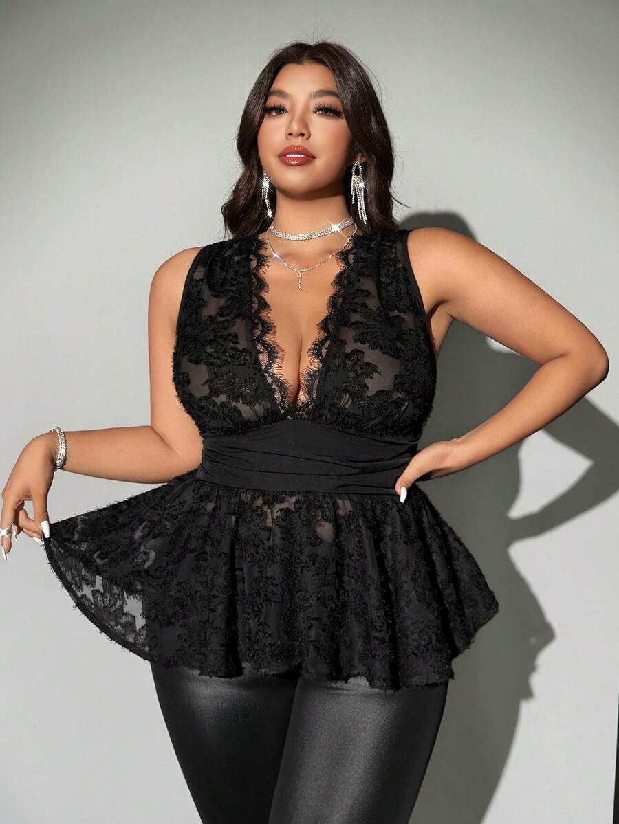 SHEIN CURVE+ 大码无袖休闲优雅法式性感优雅衬衫 - 黑色 - 查看 1