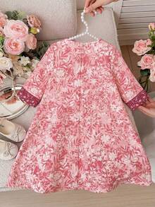 SHEIN 1 Piece Baby Girl Cute Versatile Casual Floral Pattern Holiday Petal Collar Front Diamond Bow Light Purple Loose Dress Robe, Comfortable Casual Versatile Fashion Everyday, Suitable For Birthday Parties, Evening Parties, Performances, Weddings, Baptisms, Opening Ceremonies Indoors, Outdoors, Daily, Sports, Play, Parties, Photos, Vacations, Festivals Suitable For Spring, Autumn And Winter - Yellow - View 4
