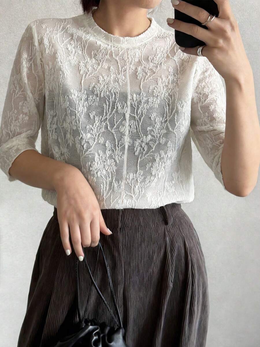 FRIFUL Women's Round Neck Lace Embroidered Fitted Short Sleeve Crop Top, Summer - White - View 1