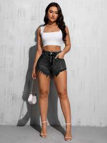 SHEIN Unity Quần short denim nữ mùa hè, phong cách thường ngày, năng động, thoải mái, thích hợp cho kỳ nghỉ, đi làm, với gấu quần rách. - Màu xám đen - Xem 5