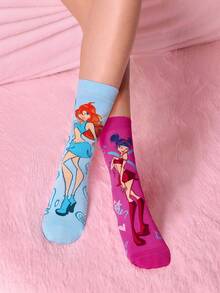 The Winx X SHEIN 3双装女士/女孩不配对袜子，柔软透气吸湿，休闲中筒袜，甜美卡通图案，时尚可爱糖果色船袜，加固袜头和袜跟，经久耐穿，四季皆宜，夏季/冬季百搭，图案袜子，Y2K风格 - 彩色 - 查看 7