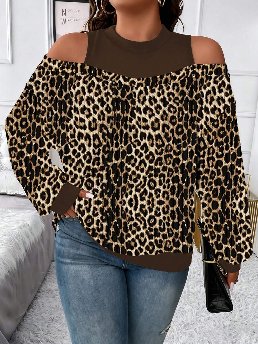 Vionelle 大码女式法式休闲优雅豹纹长袖卫衣，秋冬款 - 咖啡棕 - 查看 1