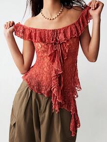 Bohemela Áo kiểu nữ thanh lịch màu trơn dệt kim ren cổ vuông xếp nếp vạt bất đối xứng - trái cam - Xem 2