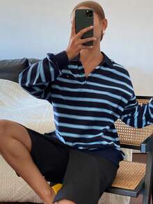 DAZY Women's Loose Fit Contrast Striped Polo Collar Long Sleeve Pullover Casual Top, Spring/Autumn - Blue - View 7