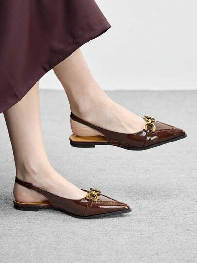 CUCCOO BIZCHIC Vintage Gold Buckle Pointed Toe Slip-On Pumps With Metal Decor, Lacquered Leather, Commuter-Friendly Retro Chic Style, Caramel Color