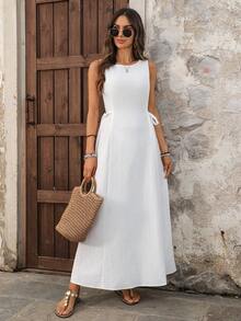 EMERY ROSE 女士休闲度假通勤纯色无袖侧打结连衣裙，简约百搭，夏季 - 白色 - 查看 9