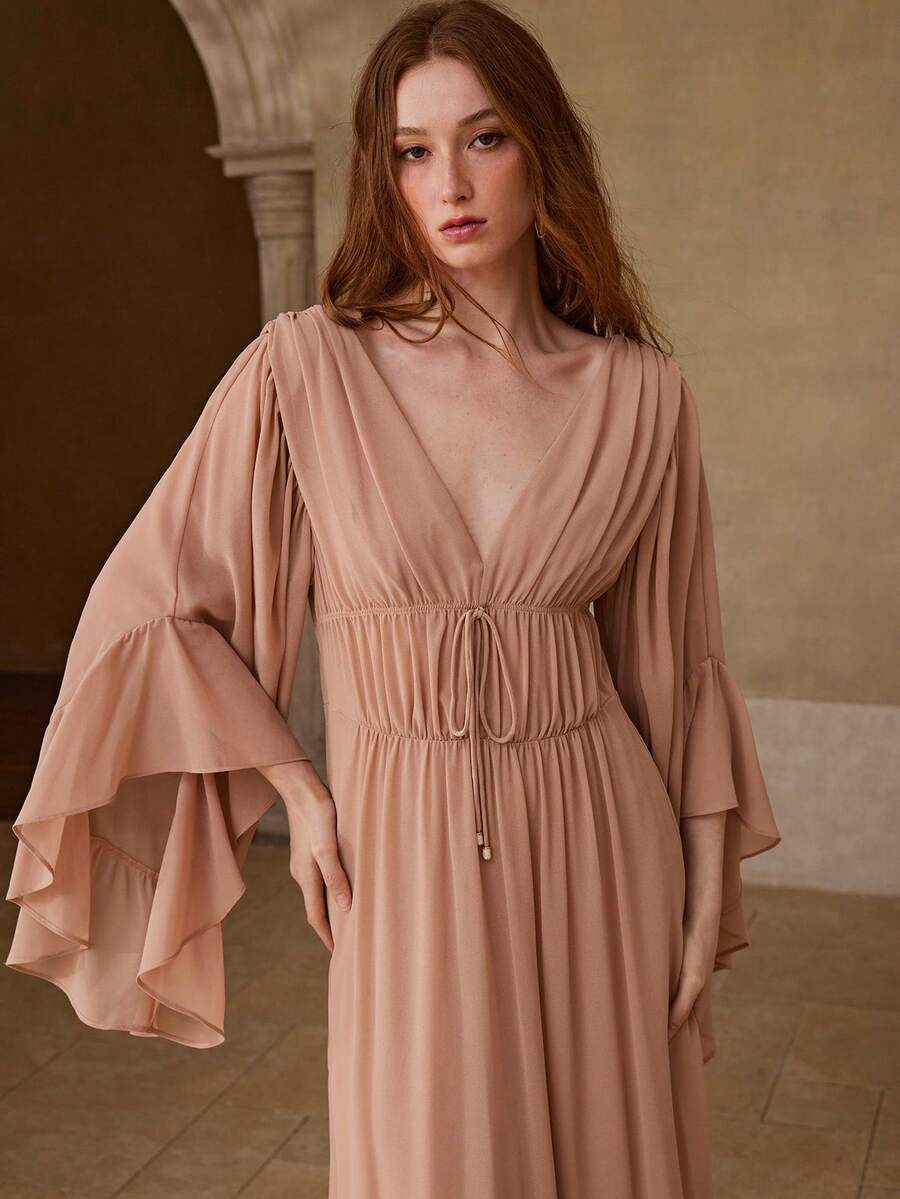 MOTF PREMIUM ROBE LONGUE ÉLÉGANTE POUR FEMMES AVEC DESIGN D'OURLET VOLANT, PRINTEMPS/ÉTÉ - Kaki - Voir 2