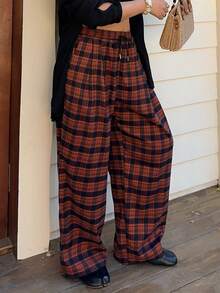 Dazy Plus 大码女式格子松紧腰抽绳宽松直筒休闲裤，街头风 - 亮橙色 - 查看 4