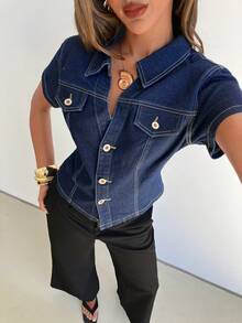 Aloruh 女士前开襟纽扣休闲百搭短袖牛仔衬衫 - 藍色 - 查看 8