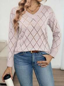 Louniche Rhombus Hollow Out Loose Fit V-Neck Long Sleeve Casual Knit Sweater For Women, Spring/Summer - Camel - View 4