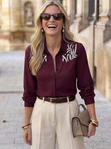 Solivie 女士休闲度假风亮片拼接长袖衬衫，春秋季 - 酒紅色 - 查看 10