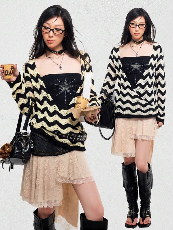 Bloopia Women's Striped Long Sleeve Criss-Cross Front Knit Top, Spring/Summer