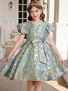 SHEIN Đầm dệt jacquard tay phồng trang trí nơ thanh lịch dành cho bé gái tuổi teen - Màu xanh lam - Xem 3