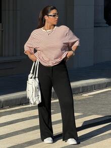 SHEIN EZwear Plus Size Women Solid Color Waist Tie Straight Loose Casual Knit Pants - Black - View 5