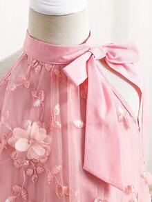 SHEIN Young Girl's Stand Collar Mesh Floral Casual Loose Halter Dress - Pink - View 9