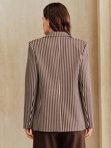 Anewsta Vintage Striped Print Lapel Long Sleeve Women's Blazer Jacket, Urban Chic - Brown - View 2