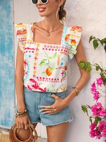 Vivid Eden Woven Printed Square Collar Puff Sleeve Fitted Women Shirt - Multicolor - View 1