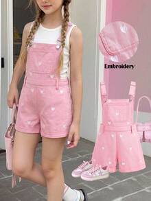 Girlism 女童白色刺绣图案粉色牛仔背带短裤