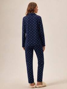 Loomlin Dam Kontrastfärgad Knapp Fram Hjärtmönster Långärmad Skjorta & Byxor Hemmakläder Pyjamasset - Marinblå - Visa 2