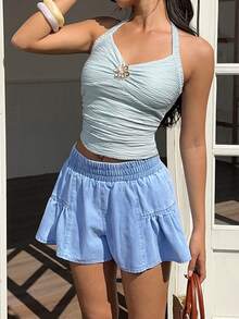 Sunnyshic 女士休闲弹力腰牛仔短裤 - 藍色 - 查看 6