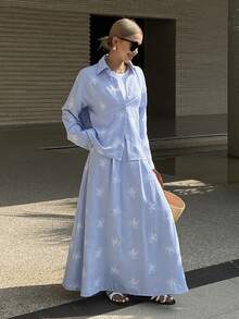 Livesso 两件套女士印花衬衫和休闲裙套装 - 藍色 - 查看 4